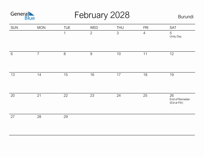 Printable February 2028 Calendar for Burundi