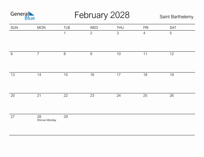 Printable February 2028 Calendar for Saint Barthelemy