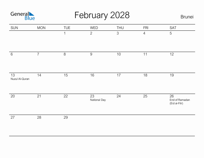 Printable February 2028 Calendar for Brunei