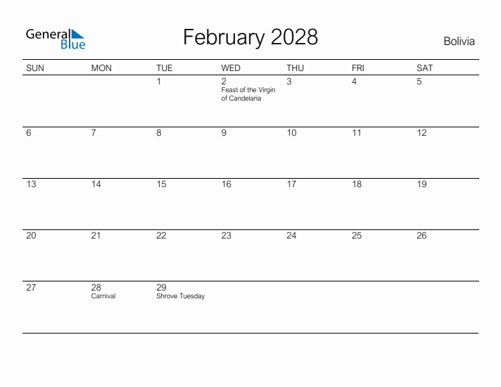 Printable February 2028 Calendar for Bolivia