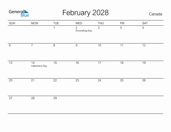 Printable February 2028 Calendar for Canada