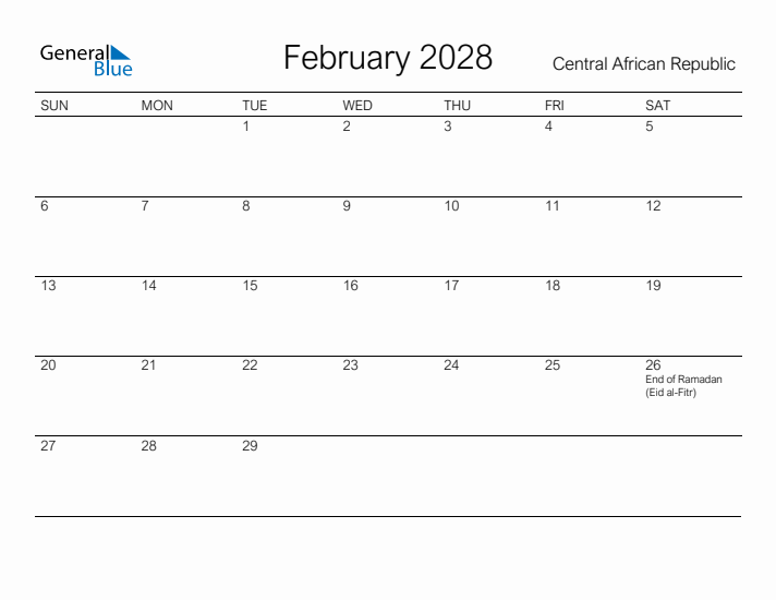 Printable February 2028 Calendar for Central African Republic