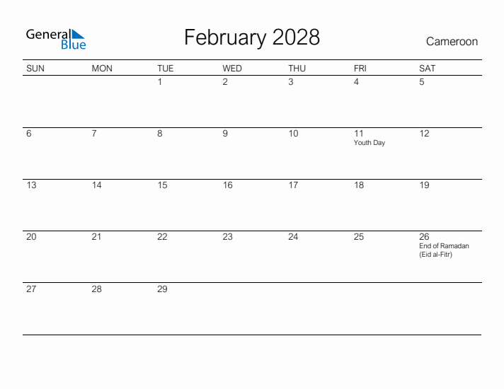 Printable February 2028 Calendar for Cameroon