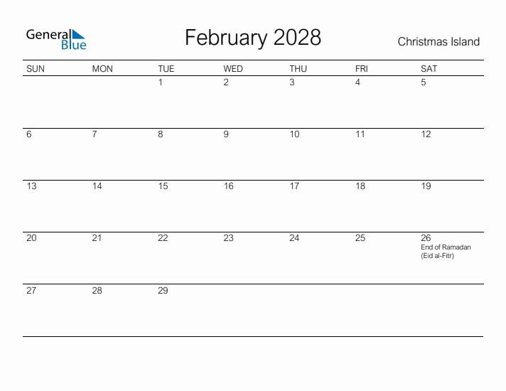Printable February 2028 Calendar for Christmas Island