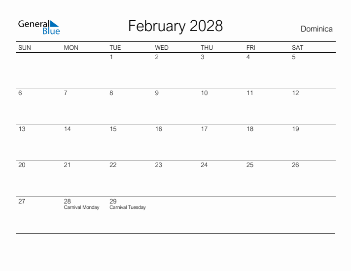Printable February 2028 Calendar for Dominica