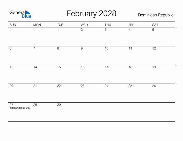 Printable February 2028 Calendar for Dominican Republic