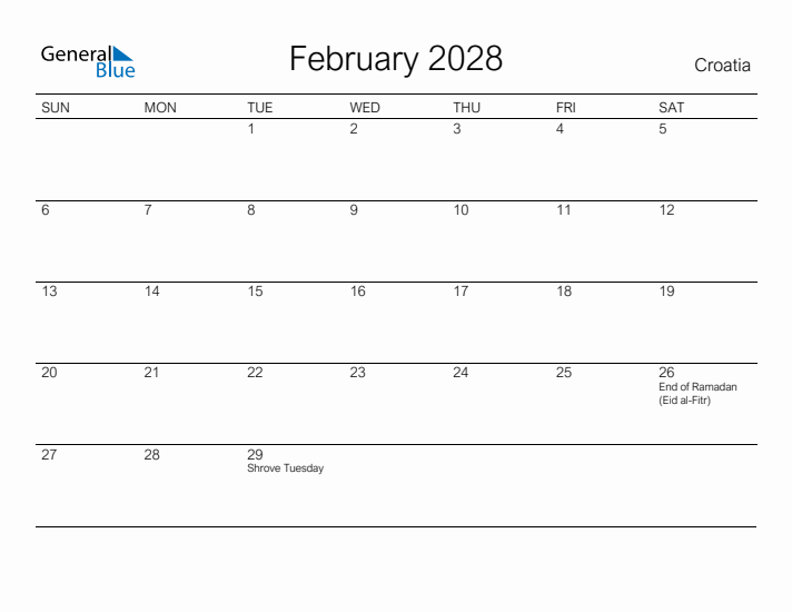 Printable February 2028 Calendar for Croatia