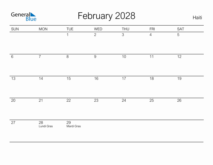 Printable February 2028 Calendar for Haiti