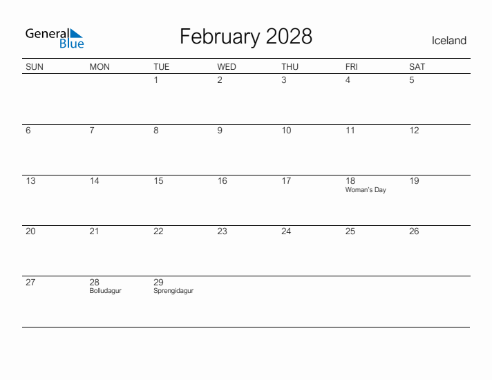 Printable February 2028 Calendar for Iceland