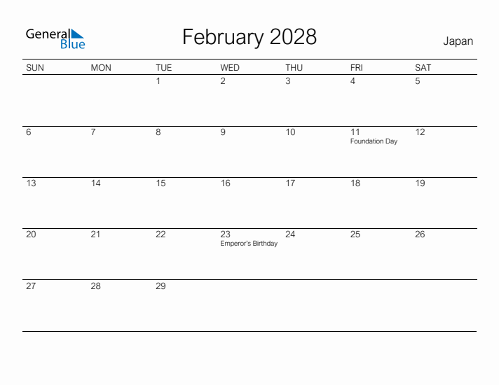 Printable February 2028 Calendar for Japan