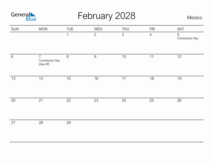 Printable February 2028 Calendar for Mexico