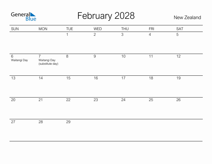 Printable February 2028 Calendar for New Zealand