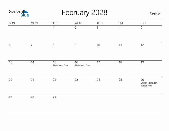 Printable February 2028 Calendar for Serbia