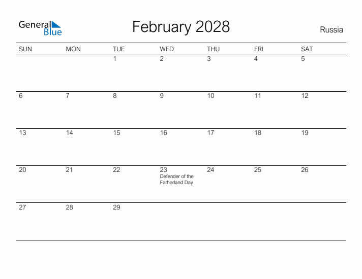 Printable February 2028 Calendar for Russia