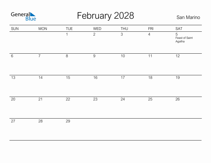 Printable February 2028 Calendar for San Marino