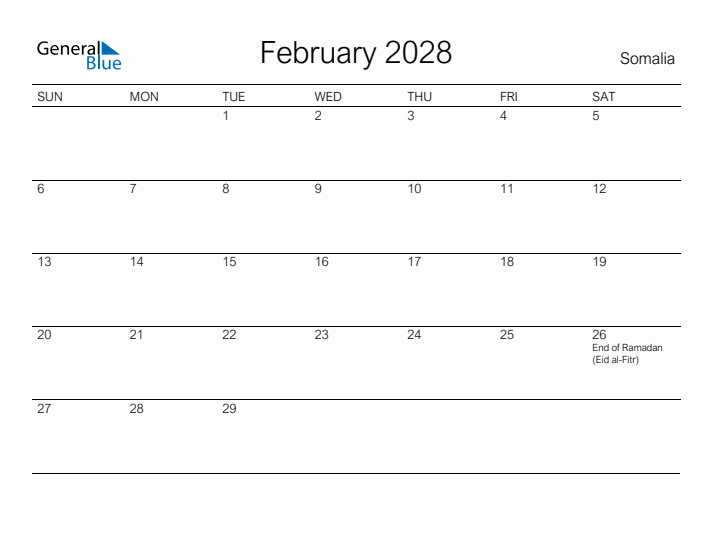 Printable February 2028 Calendar for Somalia
