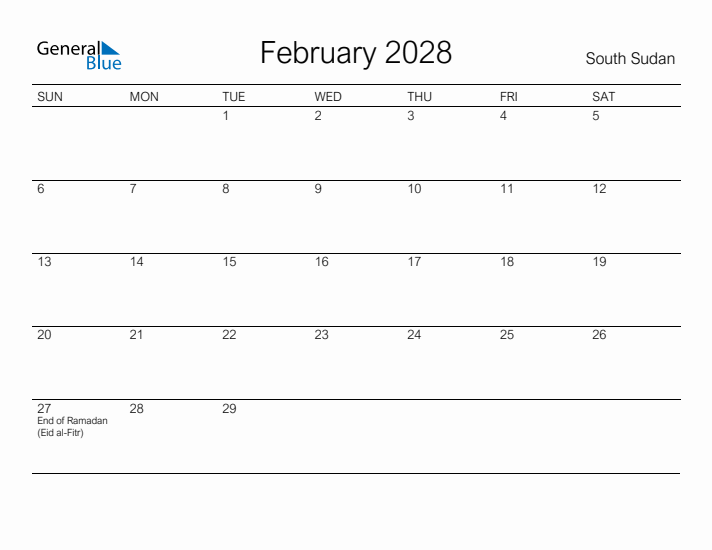 Printable February 2028 Calendar for South Sudan