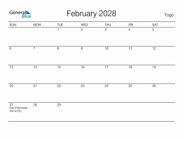 Printable February 2028 Calendar for Togo