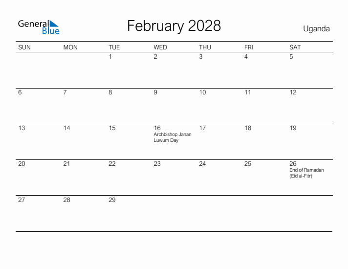 Printable February 2028 Calendar for Uganda
