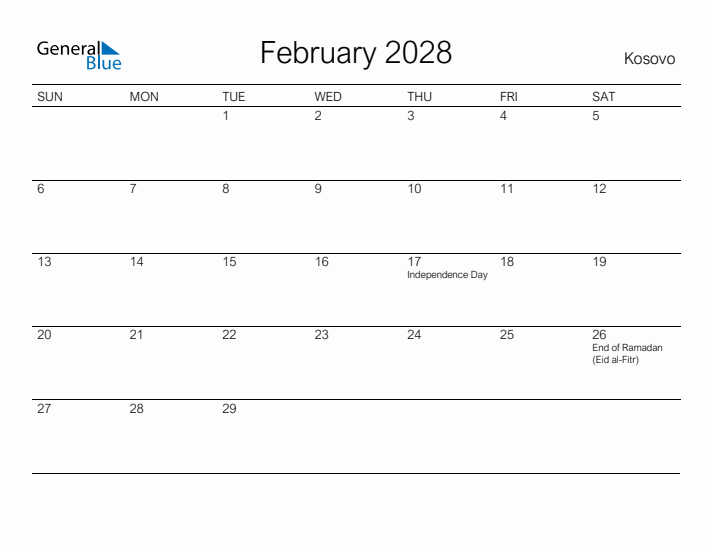 Printable February 2028 Calendar for Kosovo