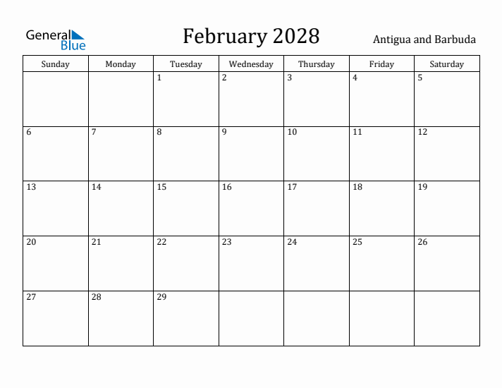 February 2028 Calendar Antigua and Barbuda