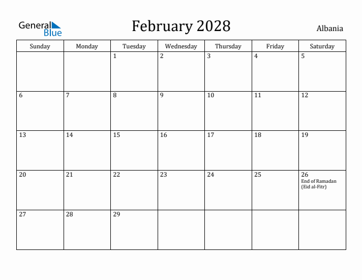 February 2028 Calendar Albania