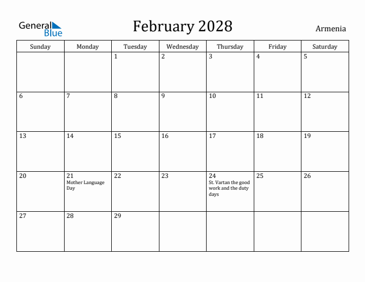 February 2028 Calendar Armenia