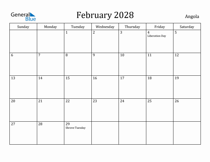 February 2028 Calendar Angola