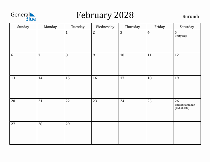 February 2028 Calendar Burundi