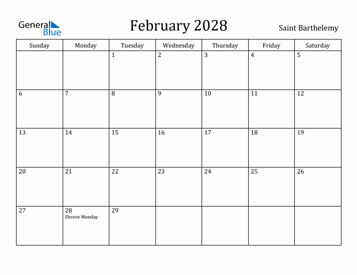 February 2028 Calendar Saint Barthelemy