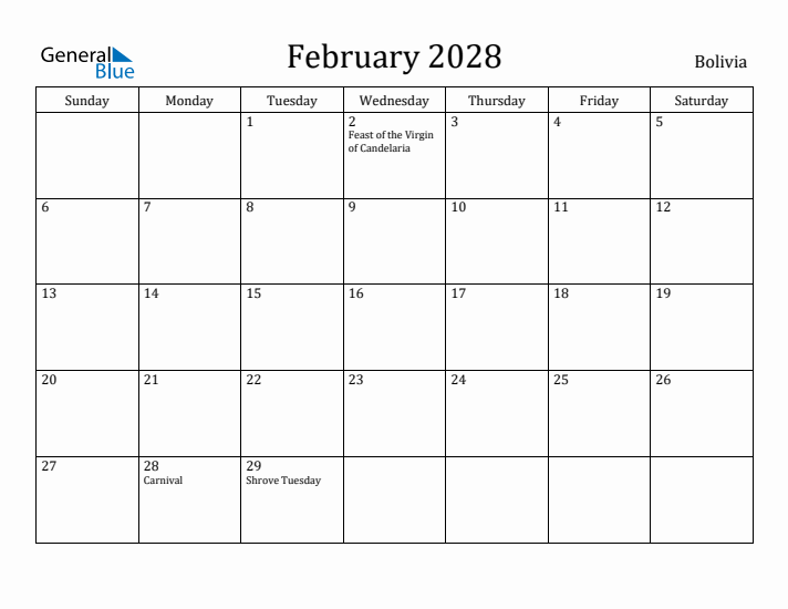 February 2028 Calendar Bolivia