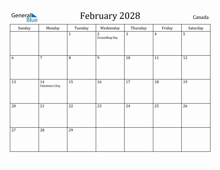 February 2028 Calendar Canada