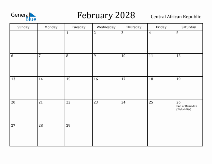 February 2028 Calendar Central African Republic
