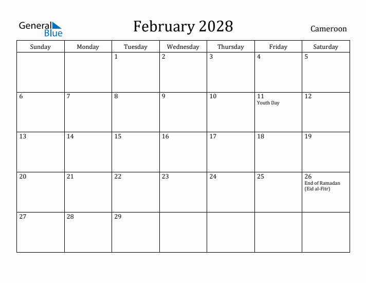 February 2028 Calendar Cameroon