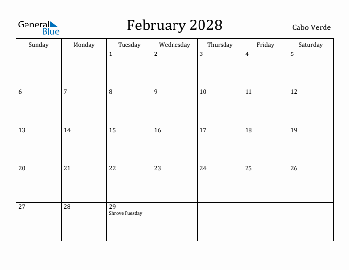 February 2028 Calendar Cabo Verde