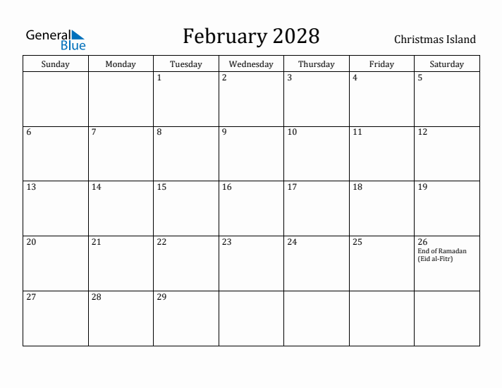 February 2028 Calendar Christmas Island