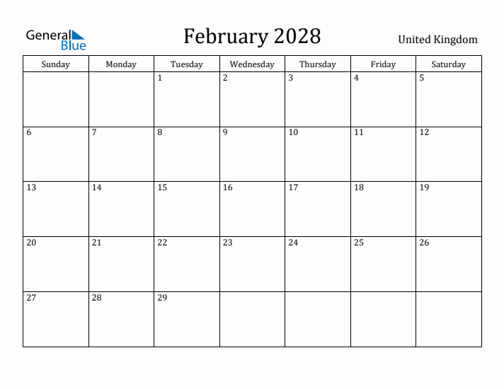 February 2028 Calendar United Kingdom
