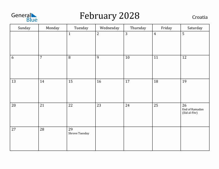 February 2028 Calendar Croatia