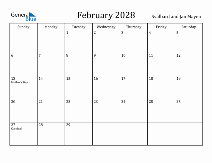 February 2028 Calendar Svalbard and Jan Mayen