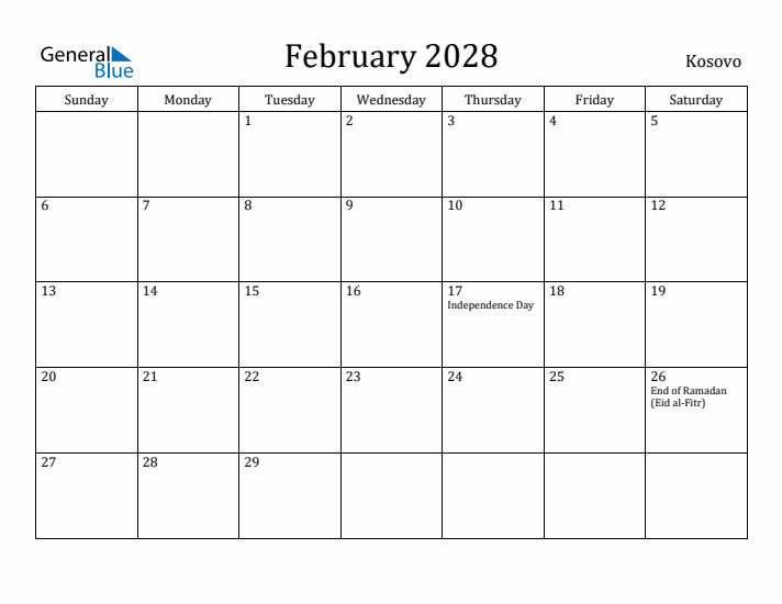 February 2028 Calendar Kosovo