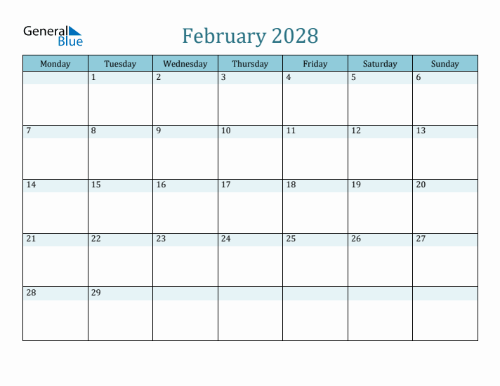 February 2028 Printable Calendar