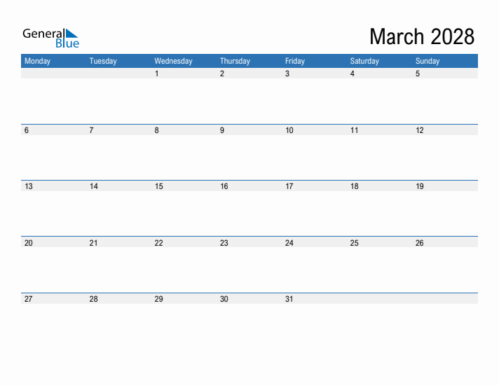 Fillable Calendar for March 2028