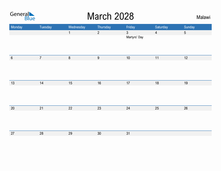 Fillable March 2028 Calendar