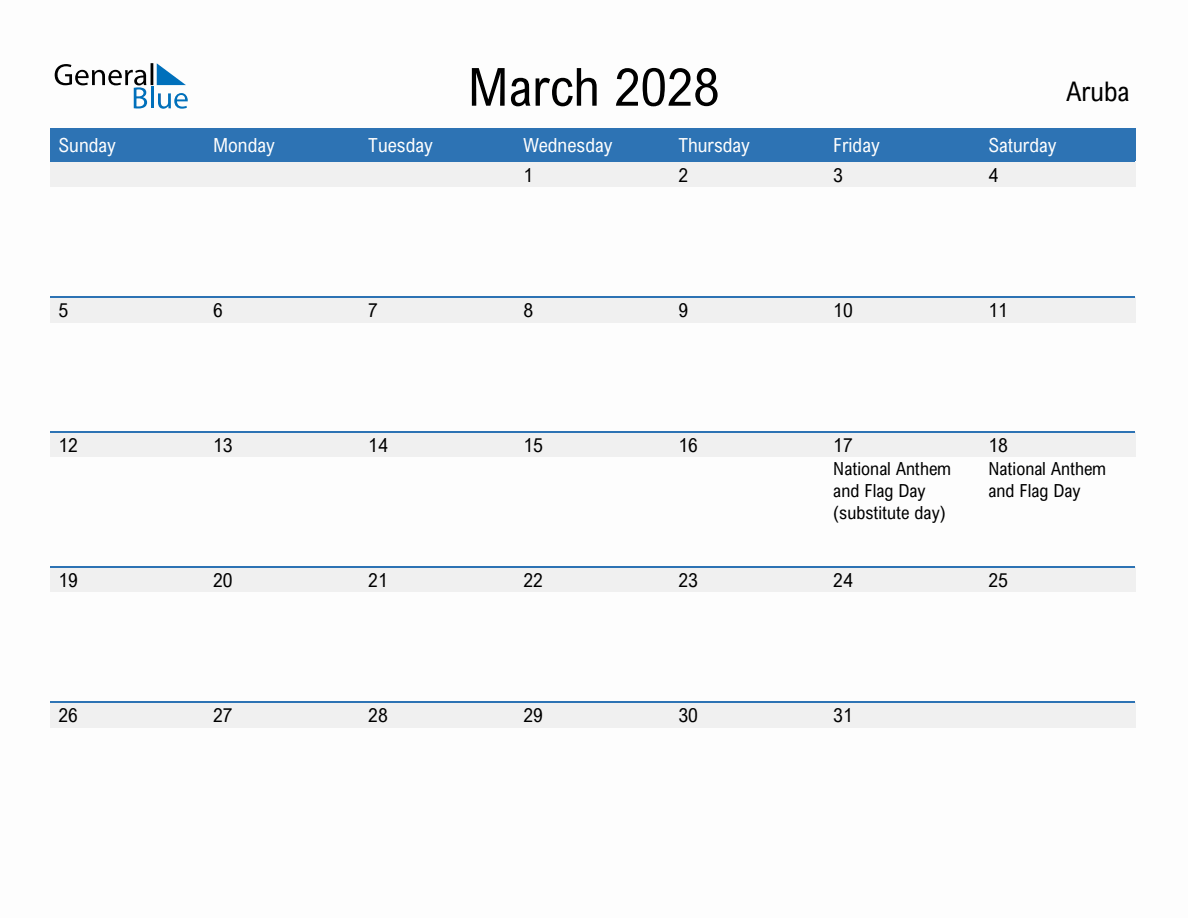 March 2028 Monthly Calendar with Aruba Holidays