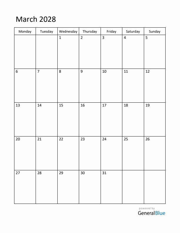Monday Start Calendar for March 2028