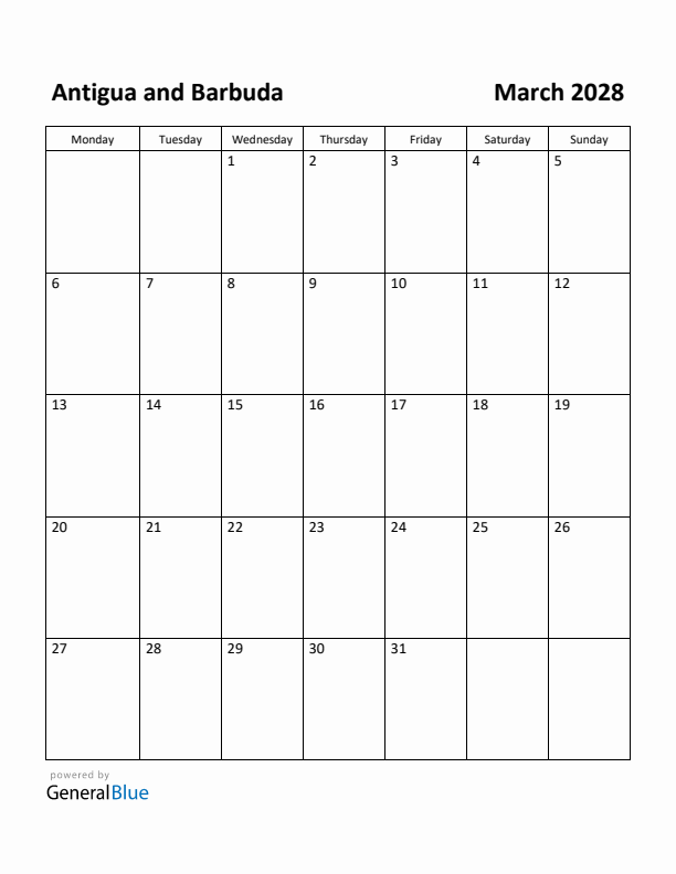 March 2028 Calendar with Antigua and Barbuda Holidays