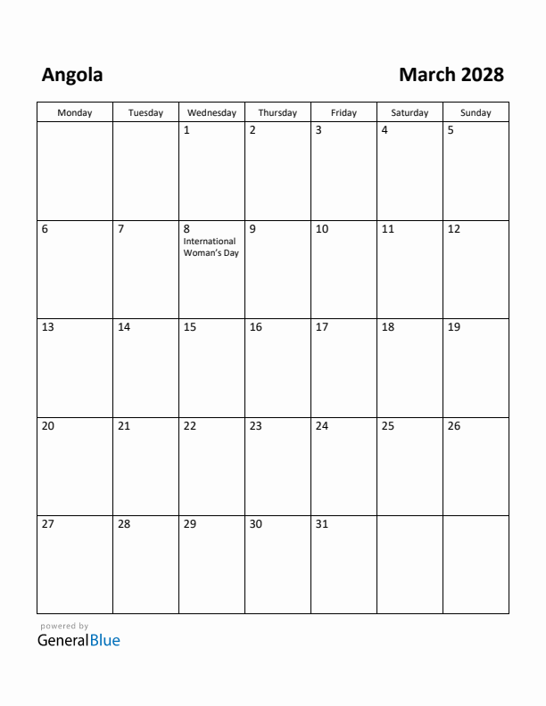 March 2028 Calendar with Angola Holidays