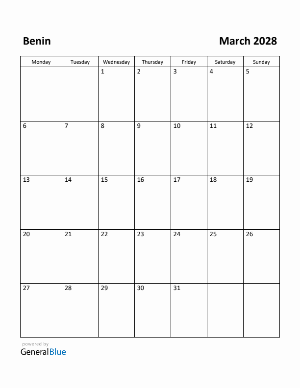 March 2028 Calendar with Benin Holidays