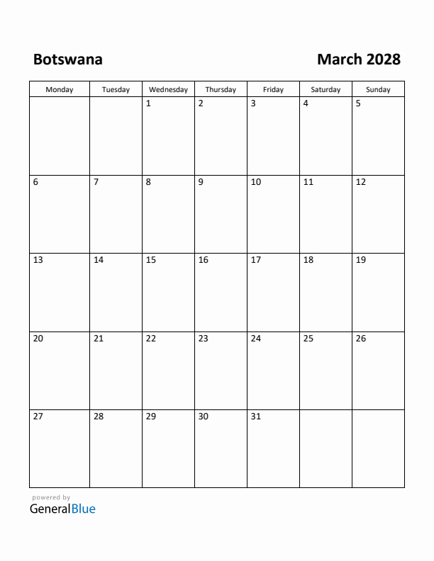 March 2028 Calendar with Botswana Holidays