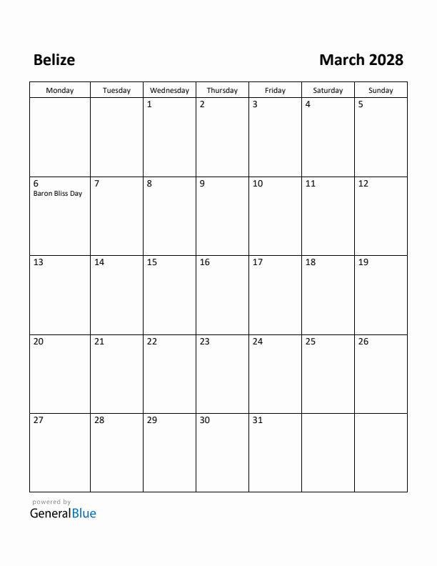 March 2028 Calendar with Belize Holidays